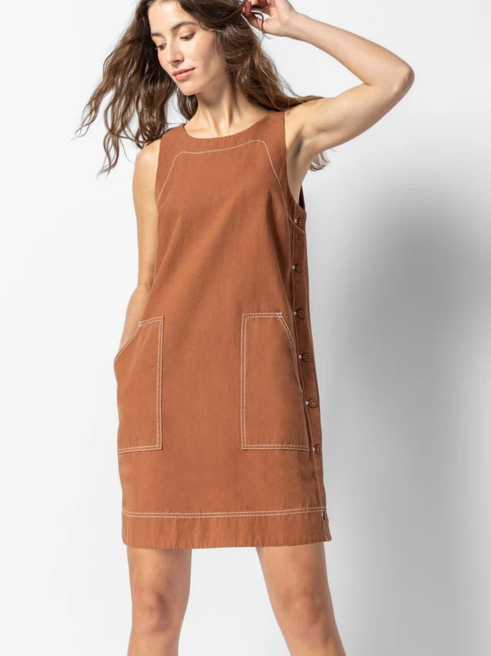 Lilla P Sienna Rust Canvas Sleeveless Rust Pocket Shift Dress Button Side Medium